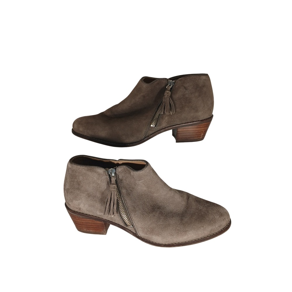 Vionic Serena Ankle Boots 9.5 Taupe Suede Tassel Zipper Block Heel Boho Comfort